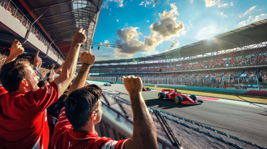 Thrilling Motorsport Experience at Silverstone Circuit Enthusiastic fans cheering during a high-speed motorsport event at Silverstone Circuit, capturing the excitement and thrill of the race.